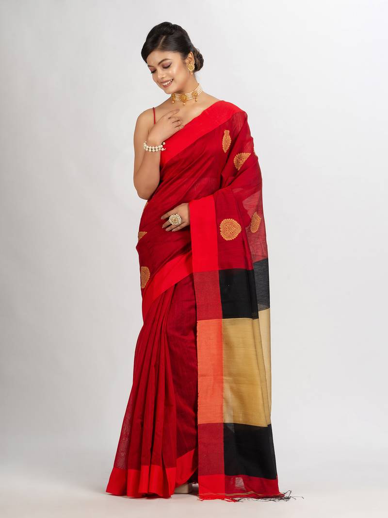 Red Cotton Blend Handloom Jacquard handloom Saree