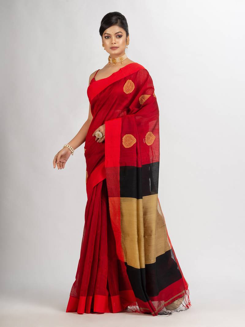 Red Cotton Blend Handloom Jacquard handloom Saree