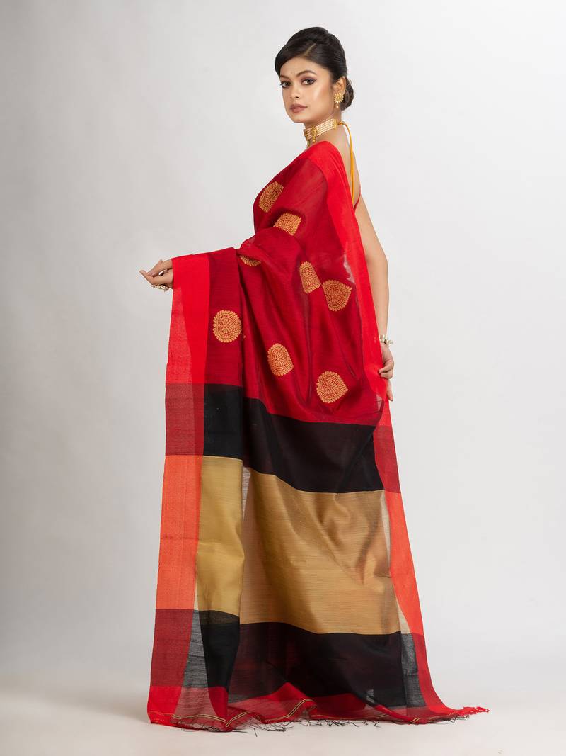 Red Cotton Blend Handloom Jacquard handloom Saree