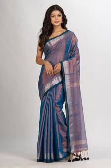 Copper Blue Zari Cotton Tissue Jacquard Border handloom Saree