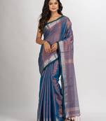 Copper Blue Zari Cotton Tissue Jacquard Border handloom Saree