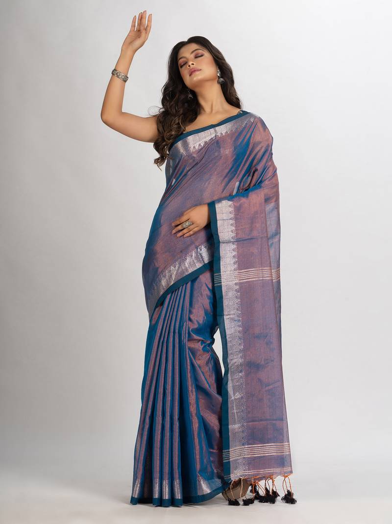 Copper Blue Zari Cotton Tissue Jacquard Border handloom Saree