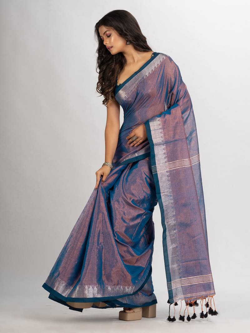 Copper Blue Zari Cotton Tissue Jacquard Border handloom Saree