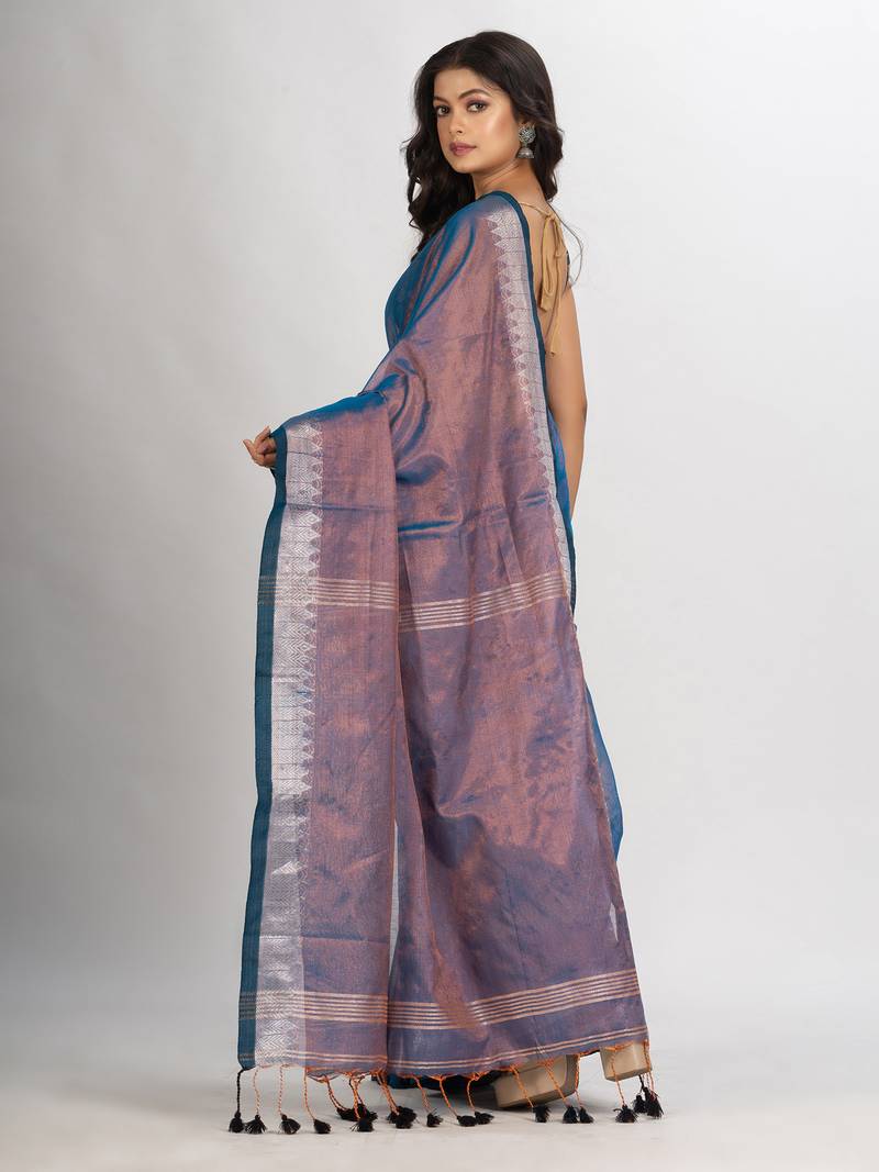 Copper Blue Zari Cotton Tissue Jacquard Border handloom Saree