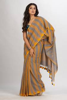 Gold Steel Stipe Handwoven Cotton Jamdani handloom Saree