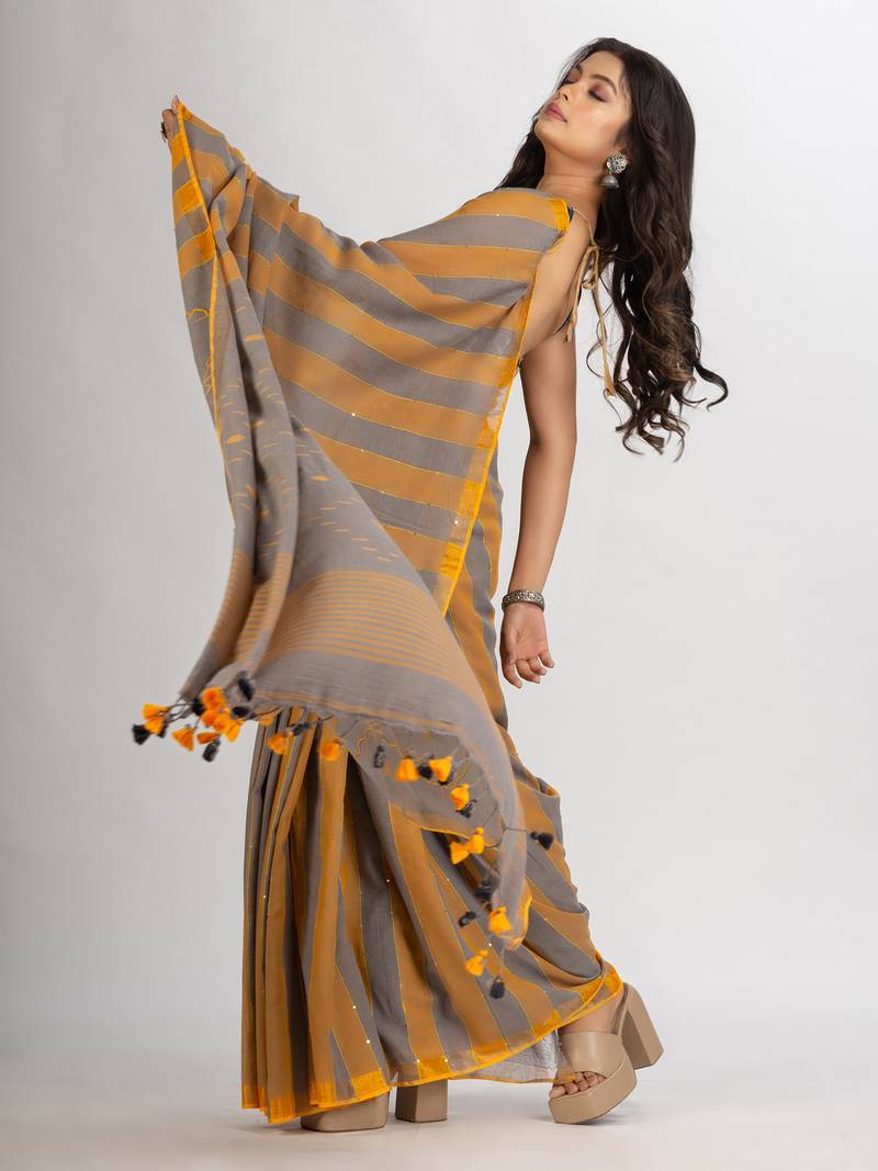 Gold Steel Stipe Handwoven Cotton Jamdani handloom Saree