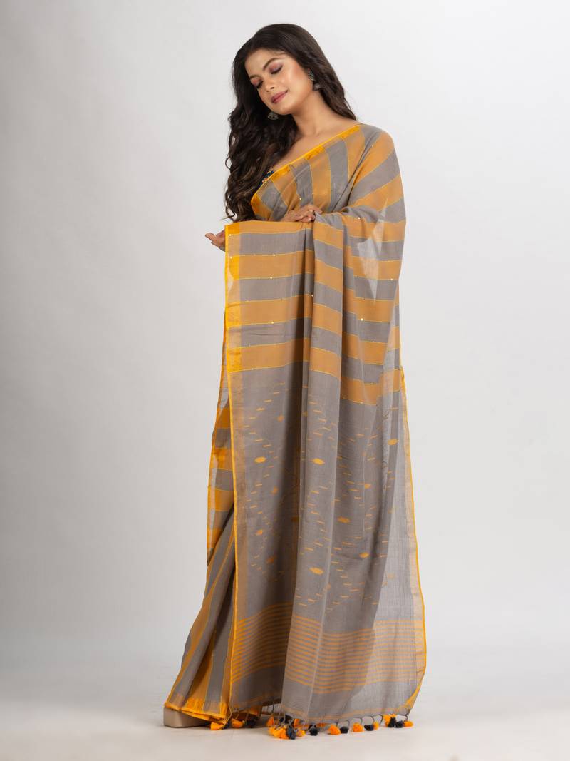 Gold Steel Stipe Handwoven Cotton Jamdani handloom Saree