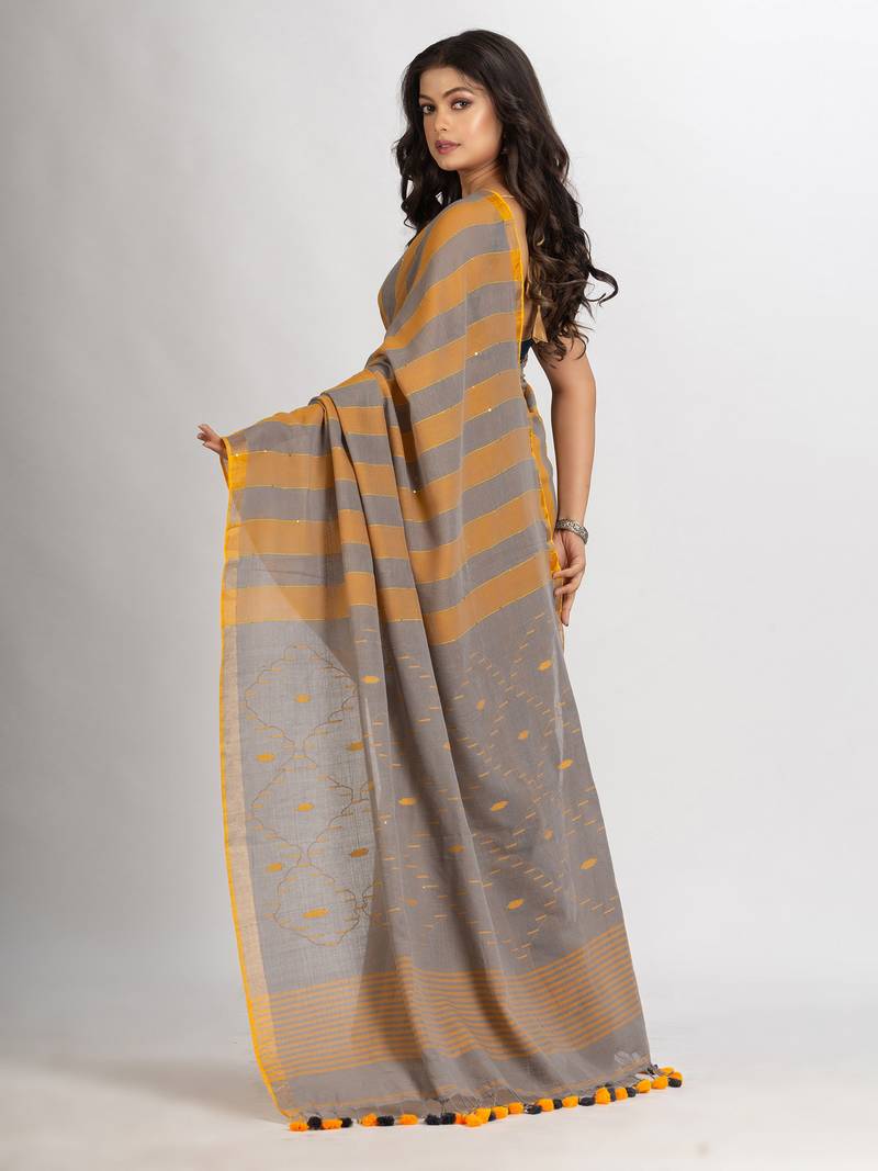 Gold Steel Stipe Handwoven Cotton Jamdani handloom Saree