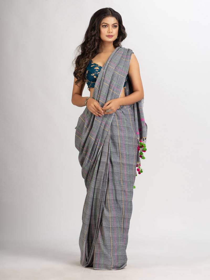 Gray Handwoven Cotton Jamdani handloom Saree