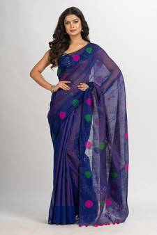 Blue Handweven Cotton Blend Jamdani handloom Saree