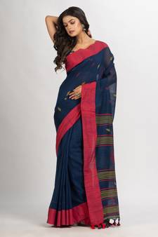 Navy Blue Handwoven Cotton Jamdani handloom Saree