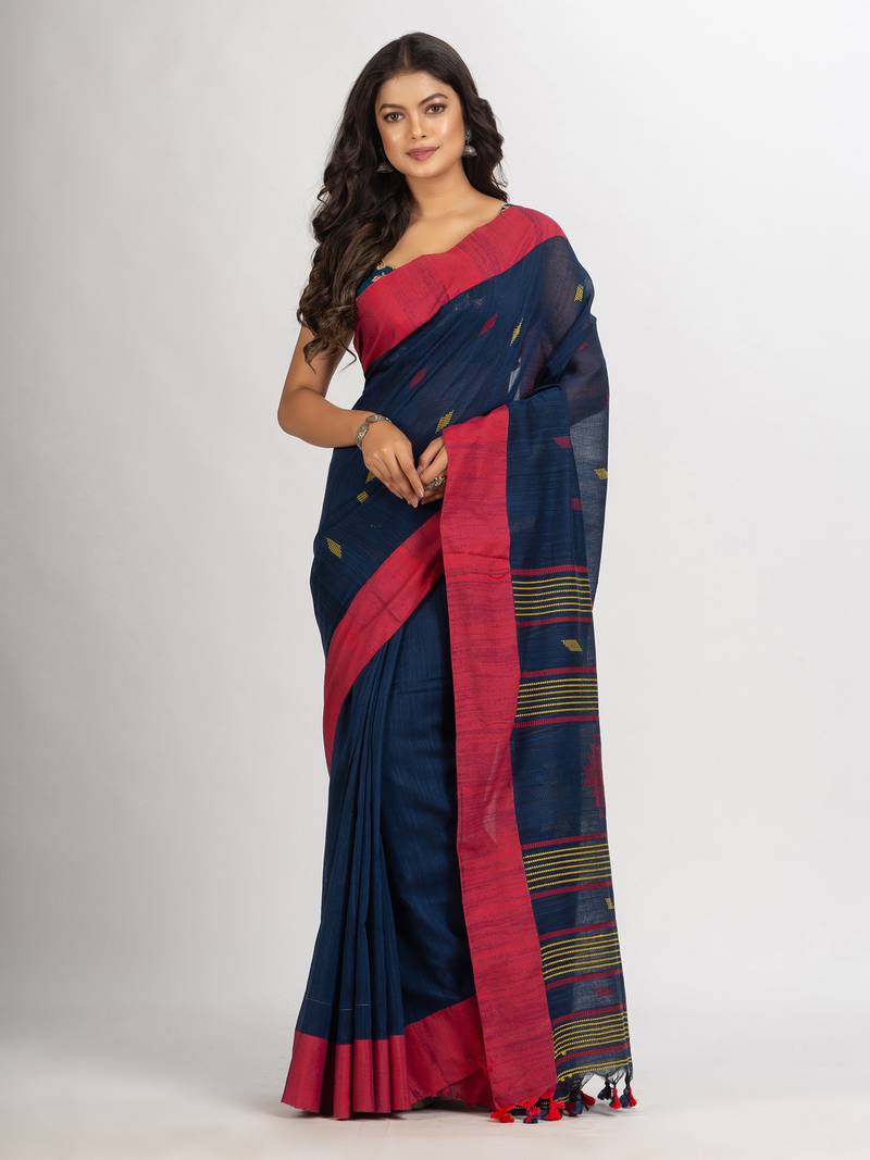 Navy Blue Handwoven Cotton Jamdani handloom Saree