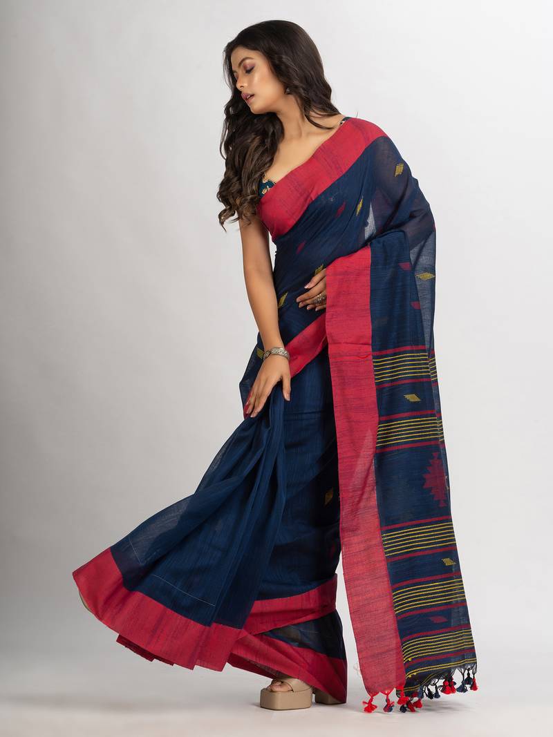 Navy Blue Handwoven Cotton Jamdani handloom Saree