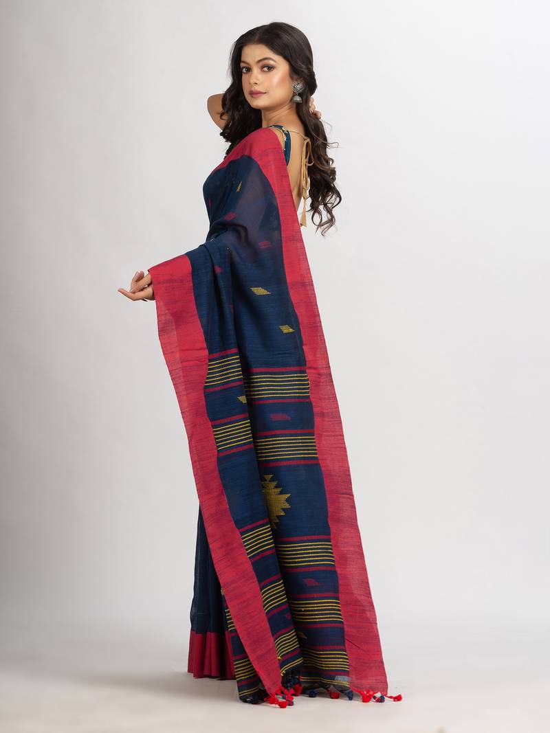 Navy Blue Handwoven Cotton Jamdani handloom Saree