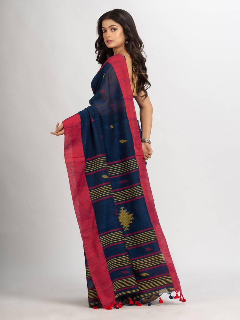 Navy Blue Handwoven Cotton Jamdani handloom Saree