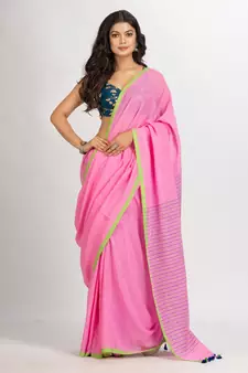 Pink Handwoven Cotton Stipe handloom Saree