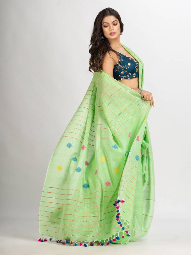 Light Green Handwoven Cotton Jamdani handloom Saree