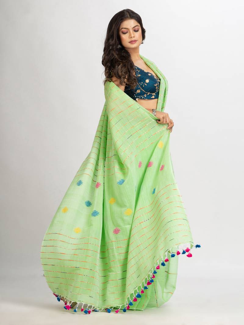 Light Green Handwoven Cotton Jamdani handloom Saree