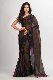 Black Handweven Cotton Blend Jamdani handloom Saree
