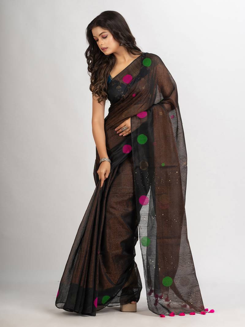 Black Handweven Cotton Blend Jamdani handloom Saree