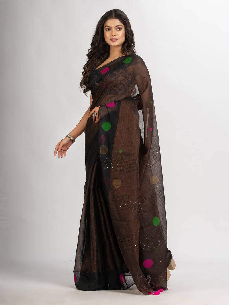 Black Handweven Cotton Blend Jamdani handloom Saree