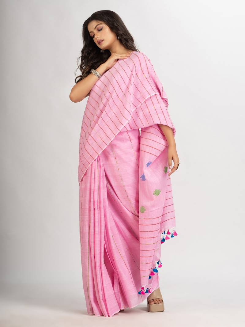 Pink Handwoven Cotton Jamdani handloom Saree