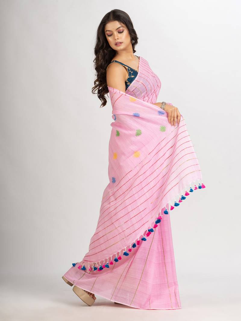 Pink Handwoven Cotton Jamdani handloom Saree