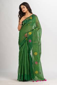 Green Handweven Cotton Blend Jamdani handloom Saree