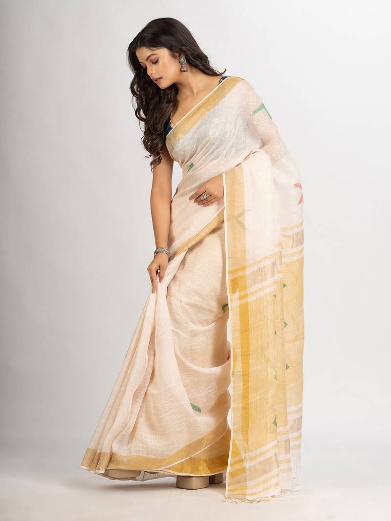 Faded Pink Traditional Handloom Linen Jamdani handloom Saree