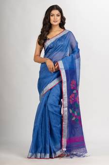 Blue Handweven Bamper Lilen Jamdani handloom saree