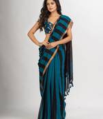 Black Sky Blue Stipe Handwoven Cotton Jamdani handloom Saree