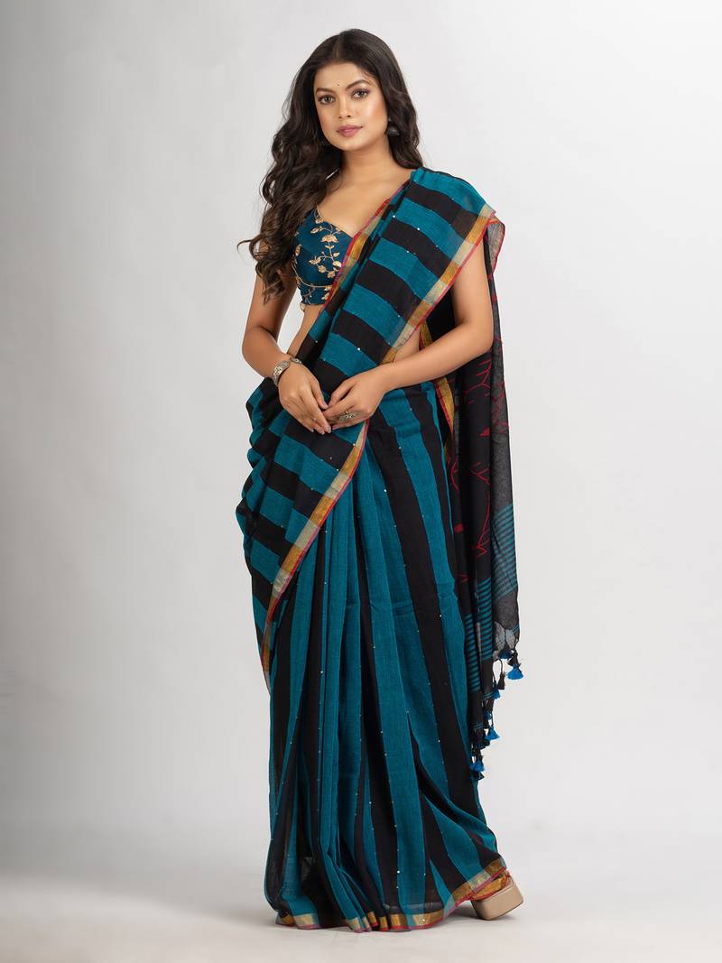 Black Sky Blue Stipe Handwoven Cotton Jamdani handloom Saree