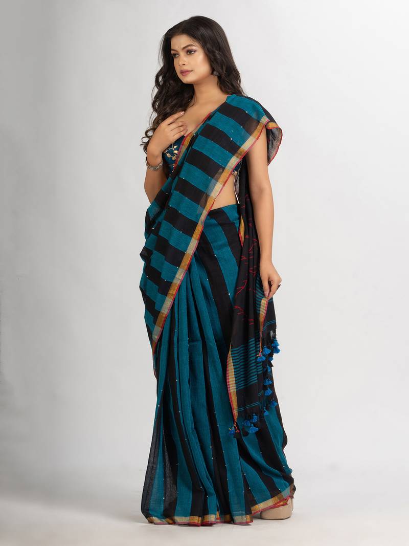 Black Sky Blue Stipe Handwoven Cotton Jamdani handloom Saree