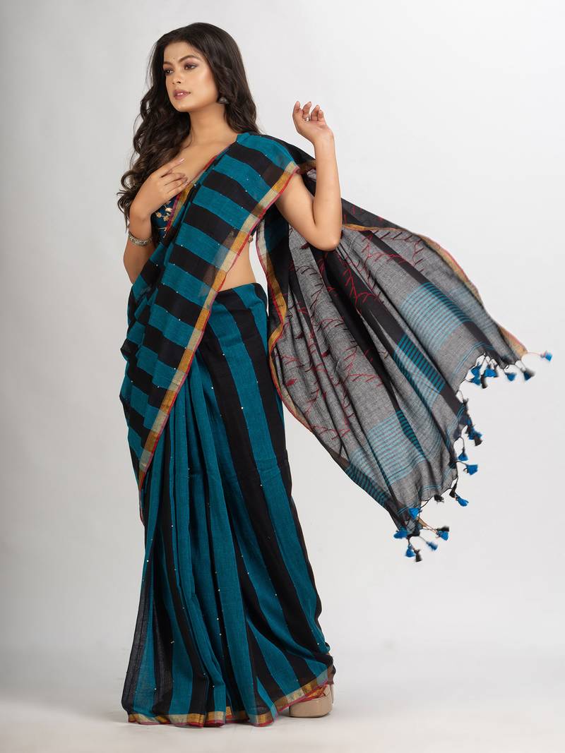 Black Sky Blue Stipe Handwoven Cotton Jamdani handloom Saree