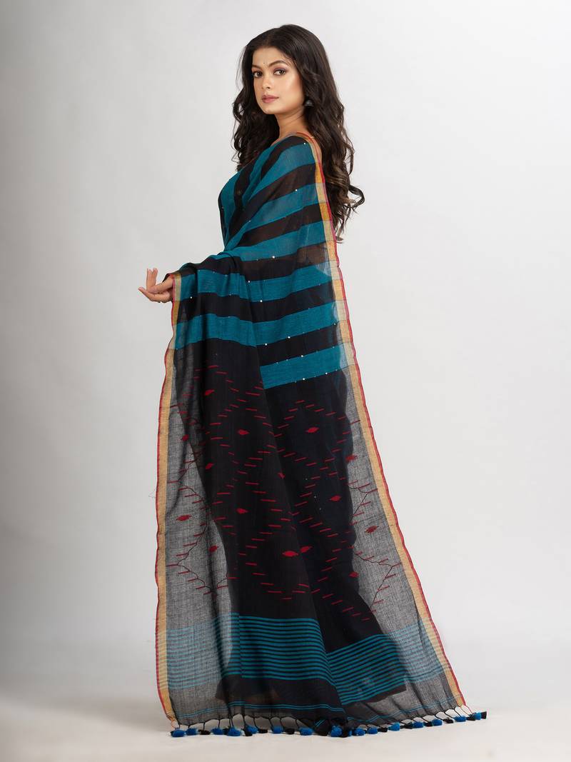 Black Sky Blue Stipe Handwoven Cotton Jamdani handloom Saree
