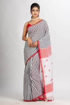 White Black Stipe Handwoven Cotton Jamdani handloom Saree