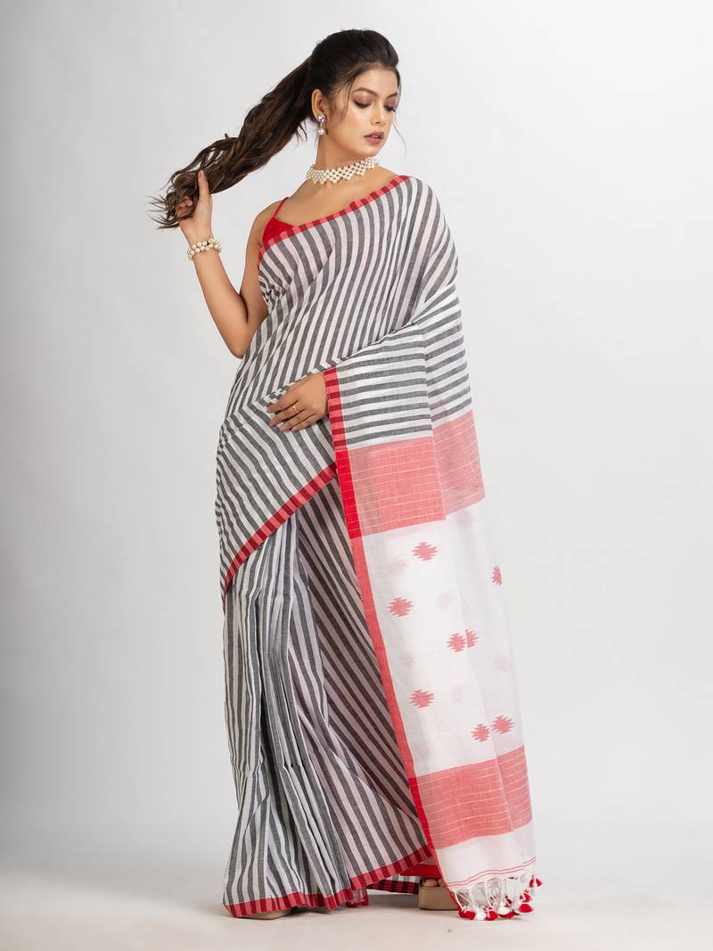 White Black Stipe Handwoven Cotton Jamdani handloom Saree