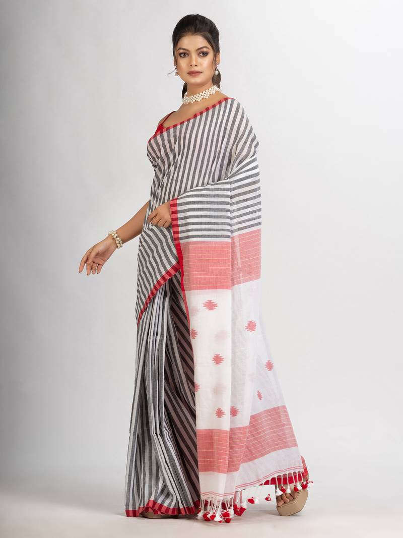 White Black Stipe Handwoven Cotton Jamdani handloom Saree