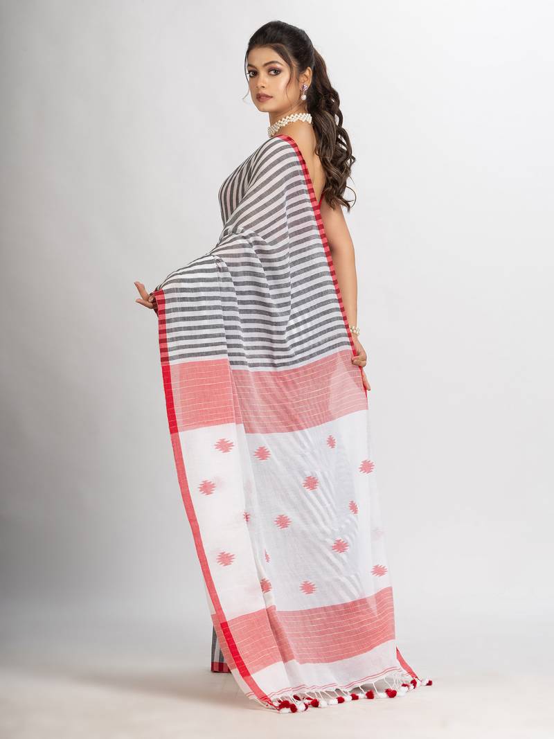 White Black Stipe Handwoven Cotton Jamdani handloom Saree