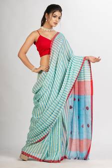 Sky Blue yollow Stipe Handwoven Cotton Jamdani handloom Saree