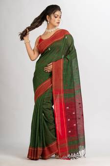 Battle Green Handwoven Cotton Jamdani handloom Saree
