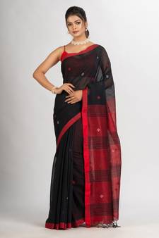 Black Handwoven Cotton Jamdani handloom Saree