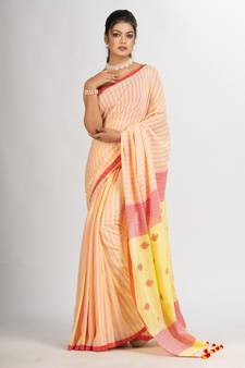 Pink yollow Stipe Handwoven Cotton Jamdani handloom Saree