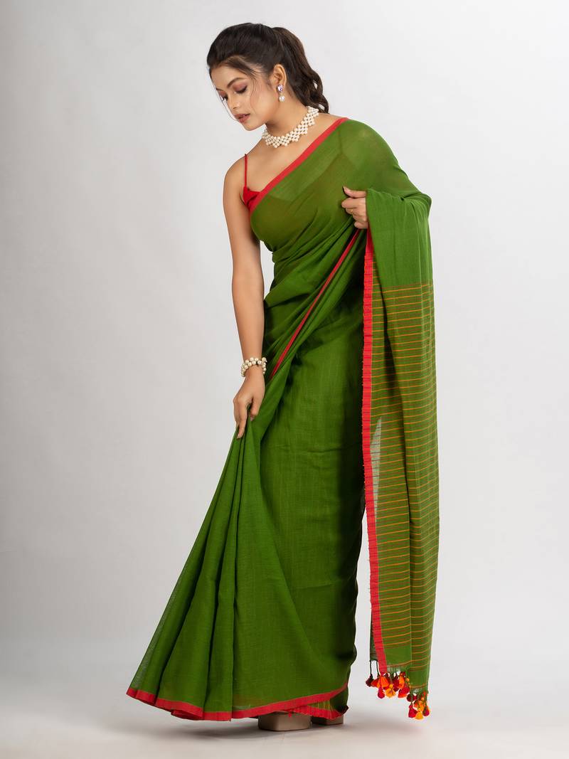 Pista Green Handwoven Cotton Stipe handloom Saree