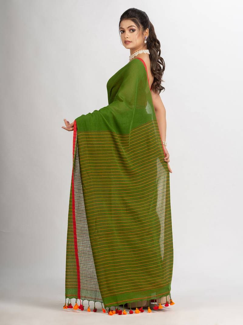 Pista Green Handwoven Cotton Stipe handloom Saree