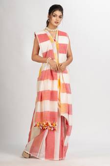 White Yollow and Red Stipe Cotton handloom Saree
