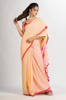 Pink yollow Stipe Handwoven Cotton Jamdani handloom Saree