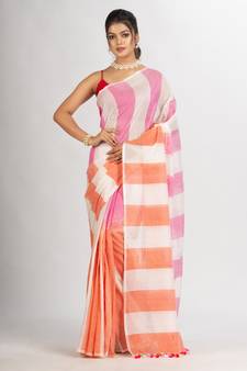 White pink And Orange Stipe Cotton handloom Saree