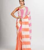 White pink And Orange Stipe Cotton handloom Saree