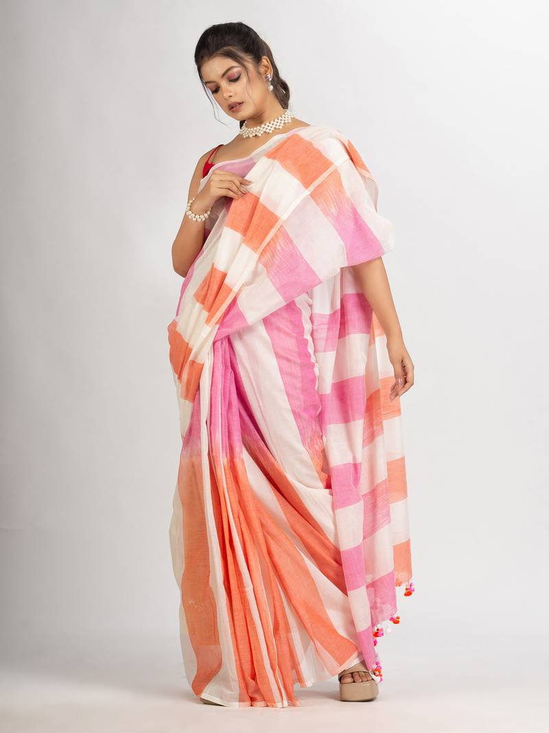 White pink And Orange Stipe Cotton handloom Saree